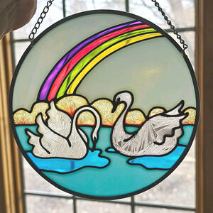Vintage Rainbow & Swans Stained Glass Sun Catcher - 6.5" Round Window Decor